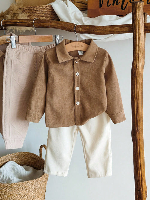 Vintaside Kids Baby Boys Classic 2 Piece Set,Collared Long Sleeve Cardigan Jacket & Beige Trousers,All Shades Of Brown,Autumn,Casual,Family Matching Gentleman Style