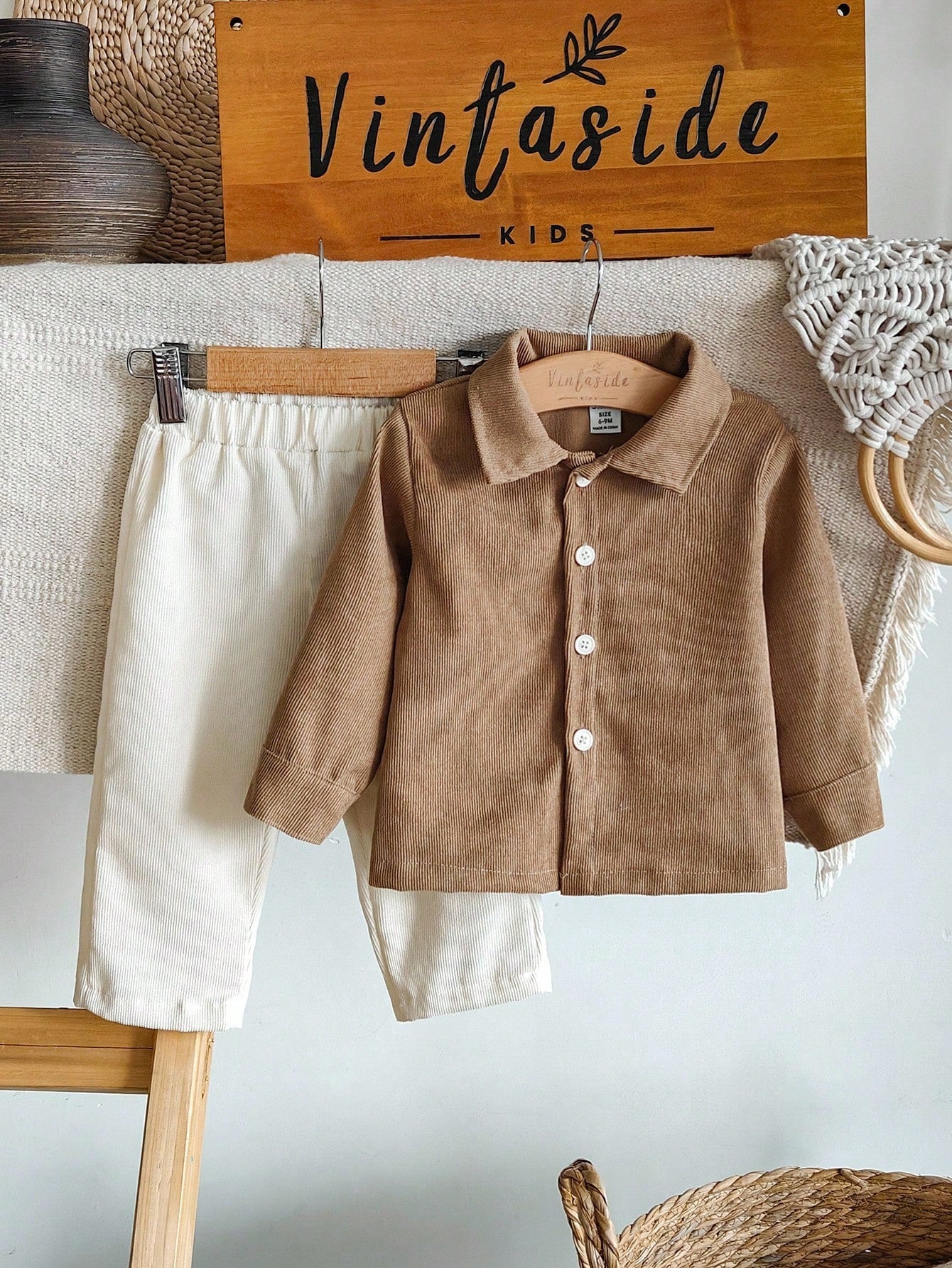 Vintaside Kids Baby Boys Classic 2 Piece Set,Collared Long Sleeve Cardigan Jacket & Beige Trousers,All Shades Of Brown,Autumn,Casual,Family Matching Gentleman Style