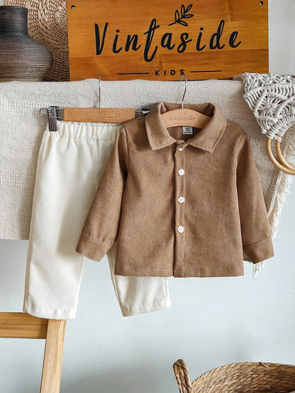 Vintaside Kids Baby Boys Classic 2 Piece Set,Collared Long Sleeve Cardigan Jacket & Beige Trousers,All Shades Of Brown,Autumn,Casual,Family Matching Gentleman Style