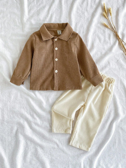 Vintaside Kids Baby Boys Classic 2 Piece Set,Collared Long Sleeve Cardigan Jacket & Beige Trousers,All Shades Of Brown,Autumn,Casual,Family Matching Gentleman Style