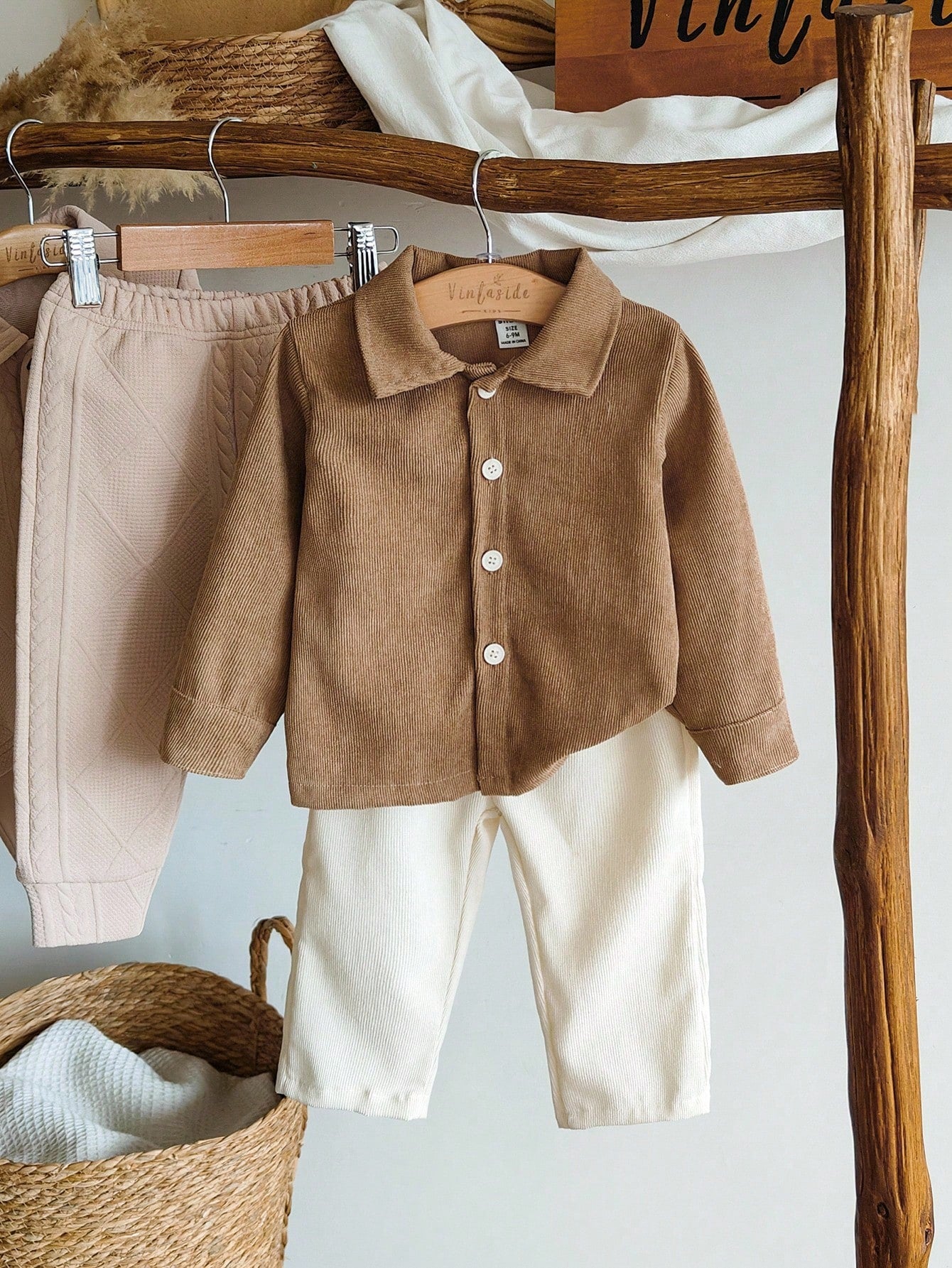 Vintaside Kids Baby Boys Classic 2 Piece Set,Collared Long Sleeve Cardigan Jacket & Beige Trousers,All Shades Of Brown,Autumn,Casual,Family Matching Gentleman Style
