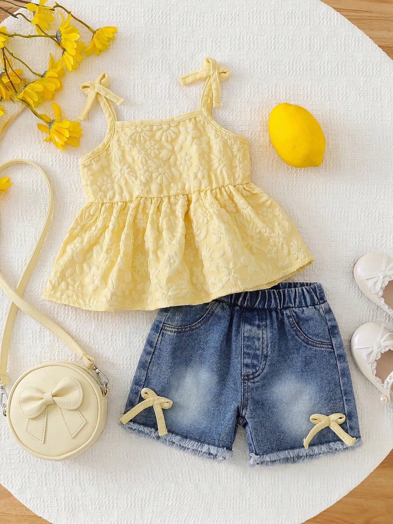 Vintaside Kids Baby Girls' Cute Sweet Floral Camisole & Blue Denim Shorts Set With Bow Detail,Summer Vacation Toddler Clothes,Casual 2pc Outfit For Daily Outings