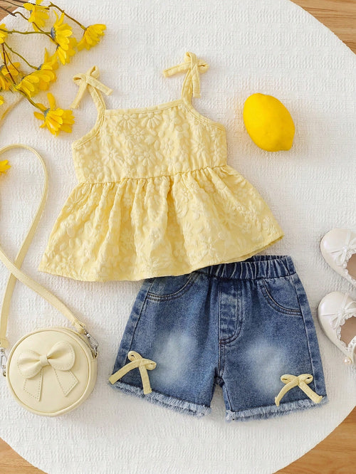 Vintaside Kids Baby Girls' Cute Sweet Floral Camisole & Blue Denim Shorts Set With Bow Detail,Summer Vacation Toddler Clothes,Casual 2pc Outfit For Daily Outings