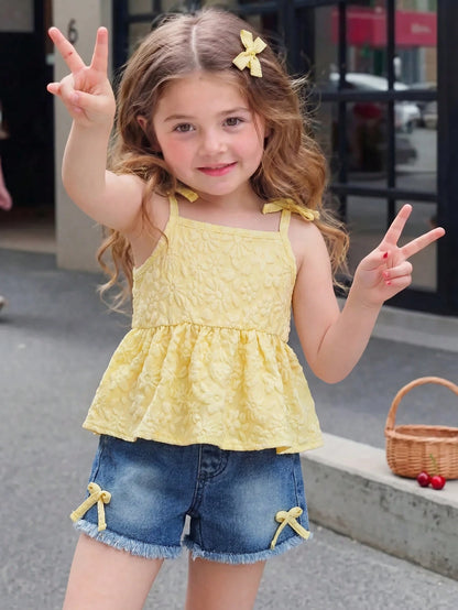 Vintaside Kids Baby Girls' Cute Sweet Floral Camisole & Blue Denim Shorts Set With Bow Detail,Summer Vacation Toddler Clothes,Casual 2pc Outfit For Daily Outings