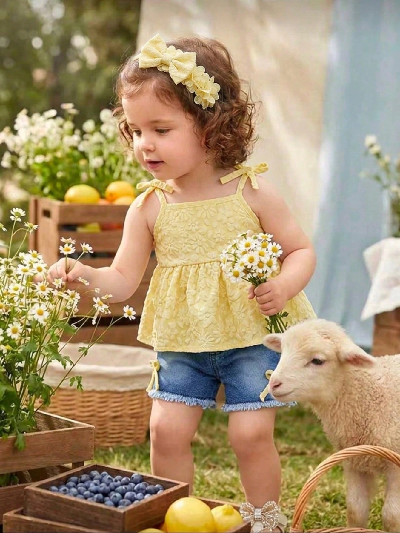 Vintaside Kids Baby Girls' Cute Sweet Floral Camisole & Blue Denim Shorts Set With Bow Detail,Summer Vacation Toddler Clothes,Casual 2pc Outfit For Daily Outings