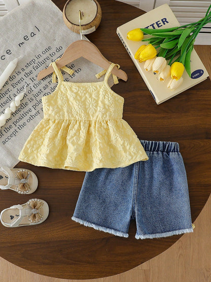 Vintaside Kids Baby Girls' Cute Sweet Floral Camisole & Blue Denim Shorts Set With Bow Detail,Summer Vacation Toddler Clothes,Casual 2pc Outfit For Daily Outings