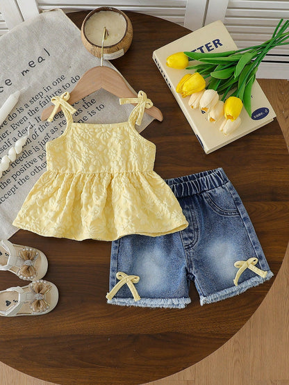 Vintaside Kids Baby Girls' Cute Sweet Floral Camisole & Blue Denim Shorts Set With Bow Detail,Summer Vacation Toddler Clothes,Casual 2pc Outfit For Daily Outings