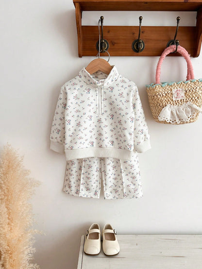 Vintaside Kids Babygirl Infant Girls Spring/Autumn Stand Collar Half-Zip Fashion Casual Digital Print Sweatshirt And Versatile Casual Long Pants Set, Suitable For Outdoor, Camping, Picnic, Trave