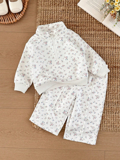 Vintaside Kids Babygirl Infant Girls Spring/Autumn Stand Collar Half-Zip Fashion Casual Digital Print Sweatshirt And Versatile Casual Long Pants Set, Suitable For Outdoor, Camping, Picnic, Trave