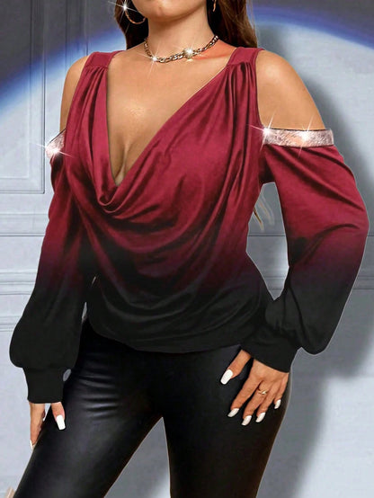 Viva Relle Plus Size Women's Burgundy Autumn Girlism Night Out Club Elegant Gradient Print Draped Neck Cutout Shoulder Sequin Trim Puff Sleeve Party Fashion Top