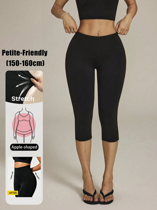 Vivamere Solid Color High Waist Metal Casual Athleisure Athletic Fashionable Capri Pants For Summer Pilates Black Sporty Petite Women Gym Workout