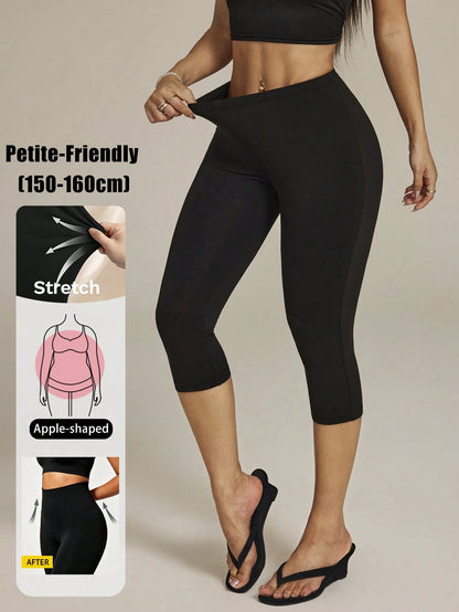 Vivamere Solid Color High Waist Metal Casual Athleisure Athletic Fashionable Capri Pants For Summer Pilates Black Sporty Petite Women Gym Workout