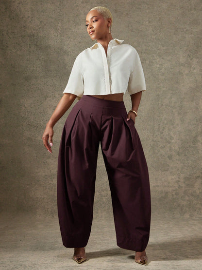 Vixey High Waist Pleated Detail Barrel Leg Office Pants