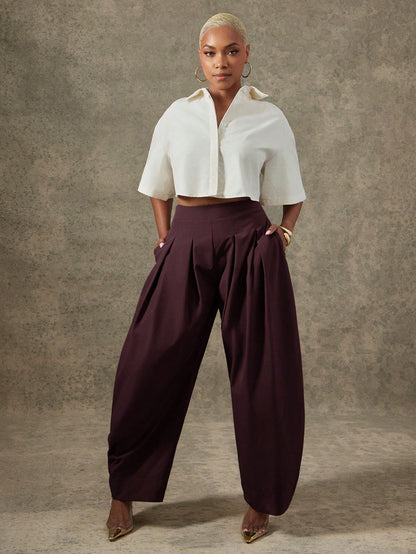 Vixey High Waist Pleated Detail Barrel Leg Office Pants