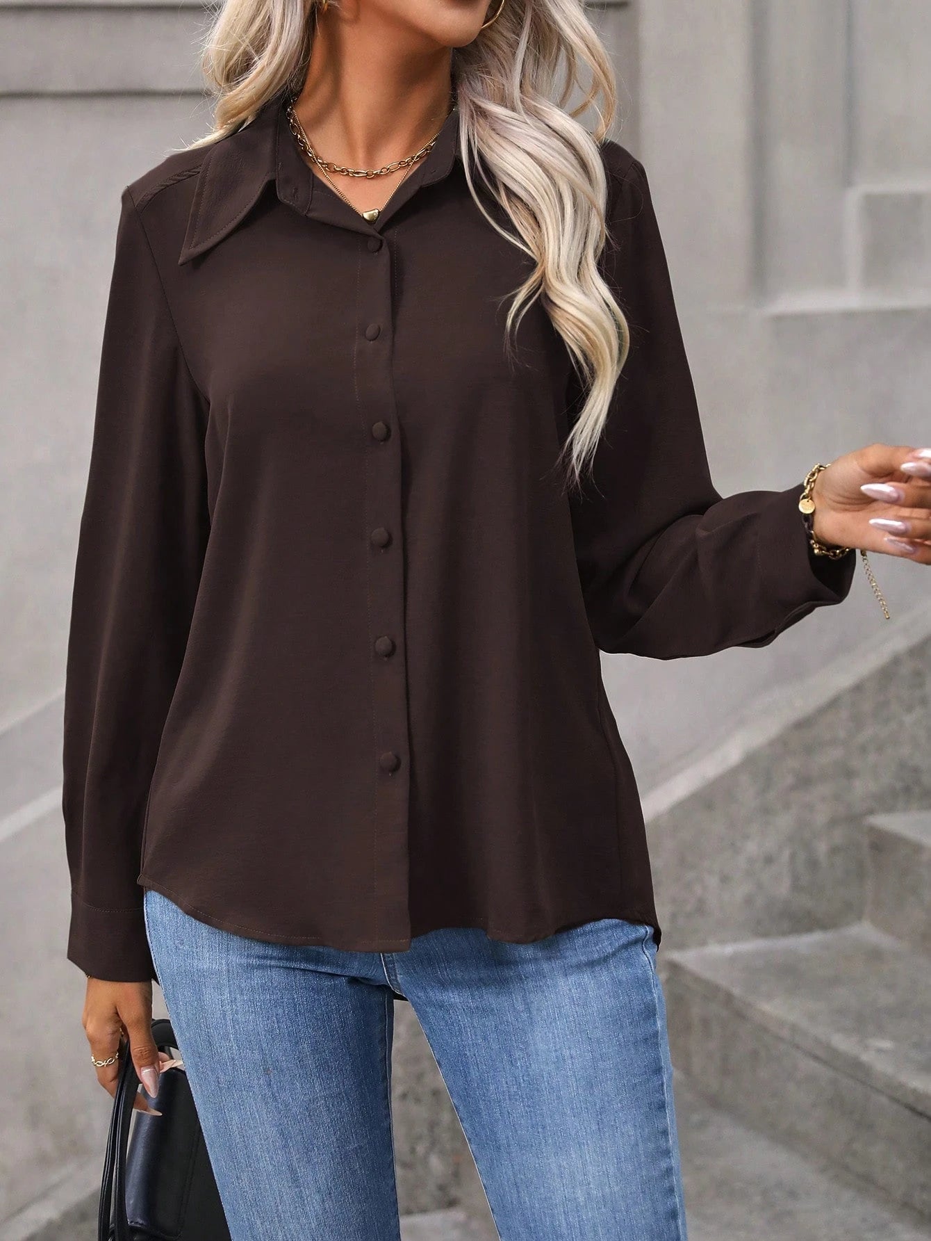 Wandoria Women's Plain Color Long Sleeve Button Up Casual Shirt For Autumn Fall Cloth For Women