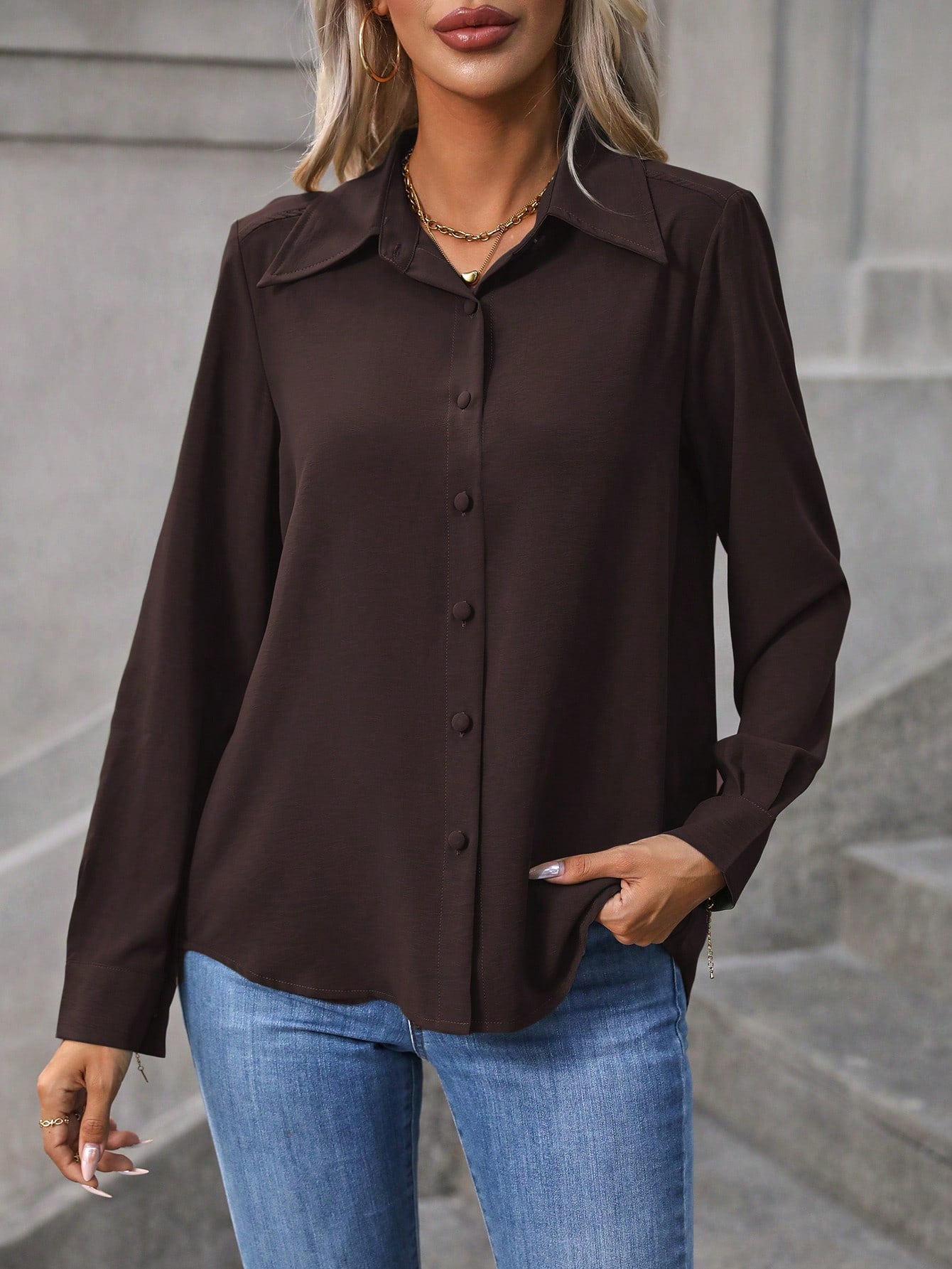 Wandoria Women's Plain Color Long Sleeve Button Up Casual Shirt For Autumn Fall Cloth For Women