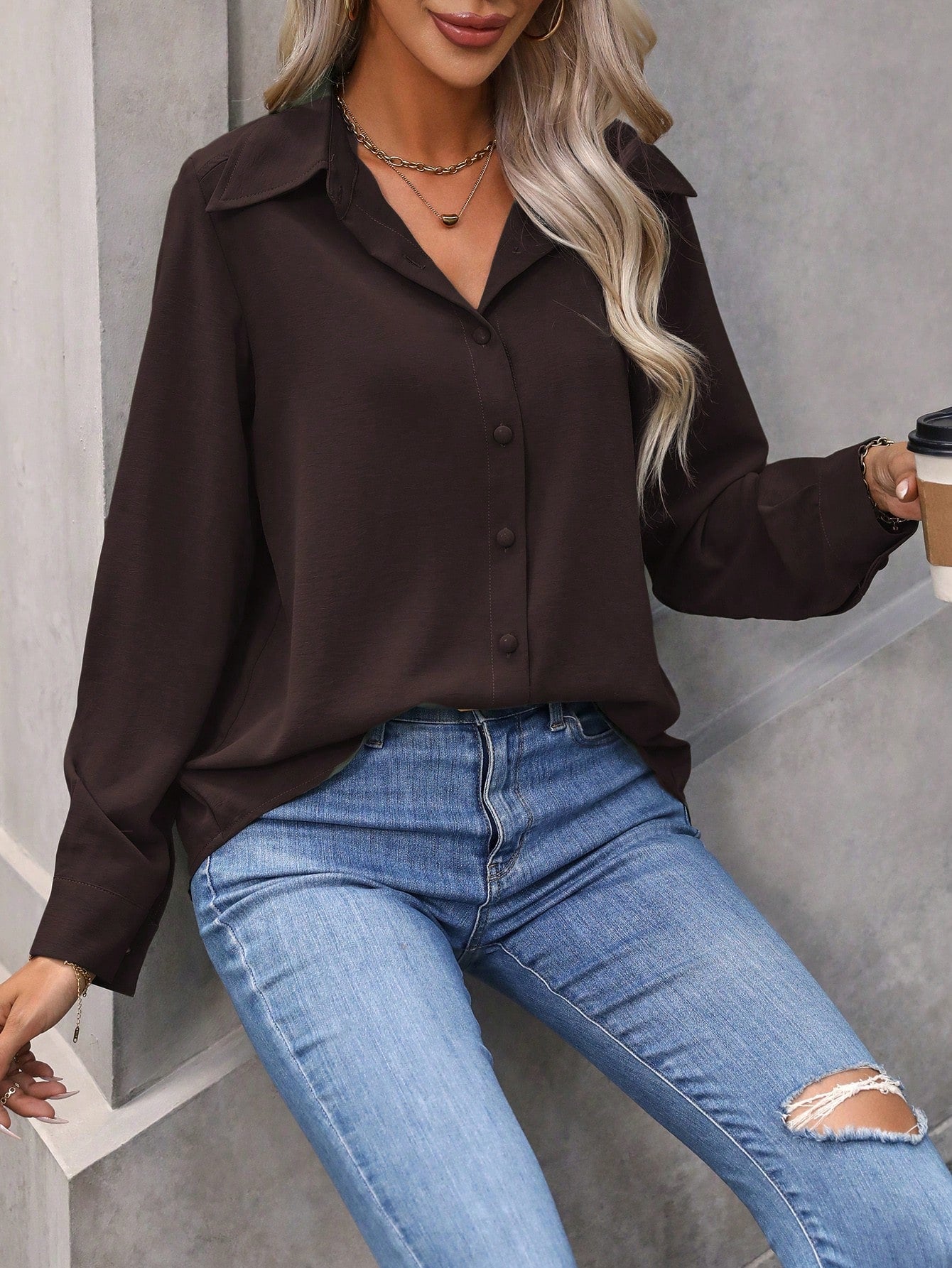 Wandoria Women's Plain Color Long Sleeve Button Up Casual Shirt For Autumn Fall Cloth For Women