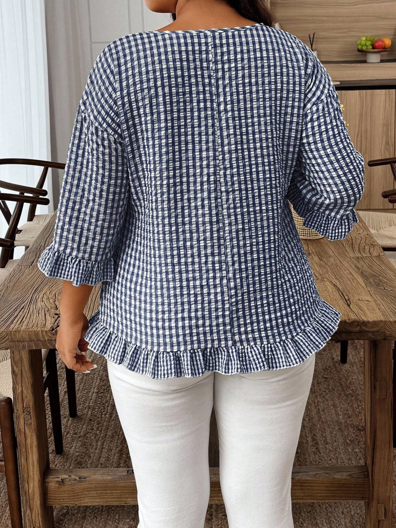 Weeklong Plus Size Women's Plaid Round Neck 3/4 Sleeve Ruffle Hem Casual Shirt Fall