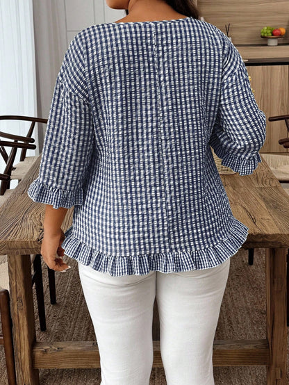 Weeklong Plus Size Women's Plaid Round Neck 3/4 Sleeve Ruffle Hem Casual Shirt Fall