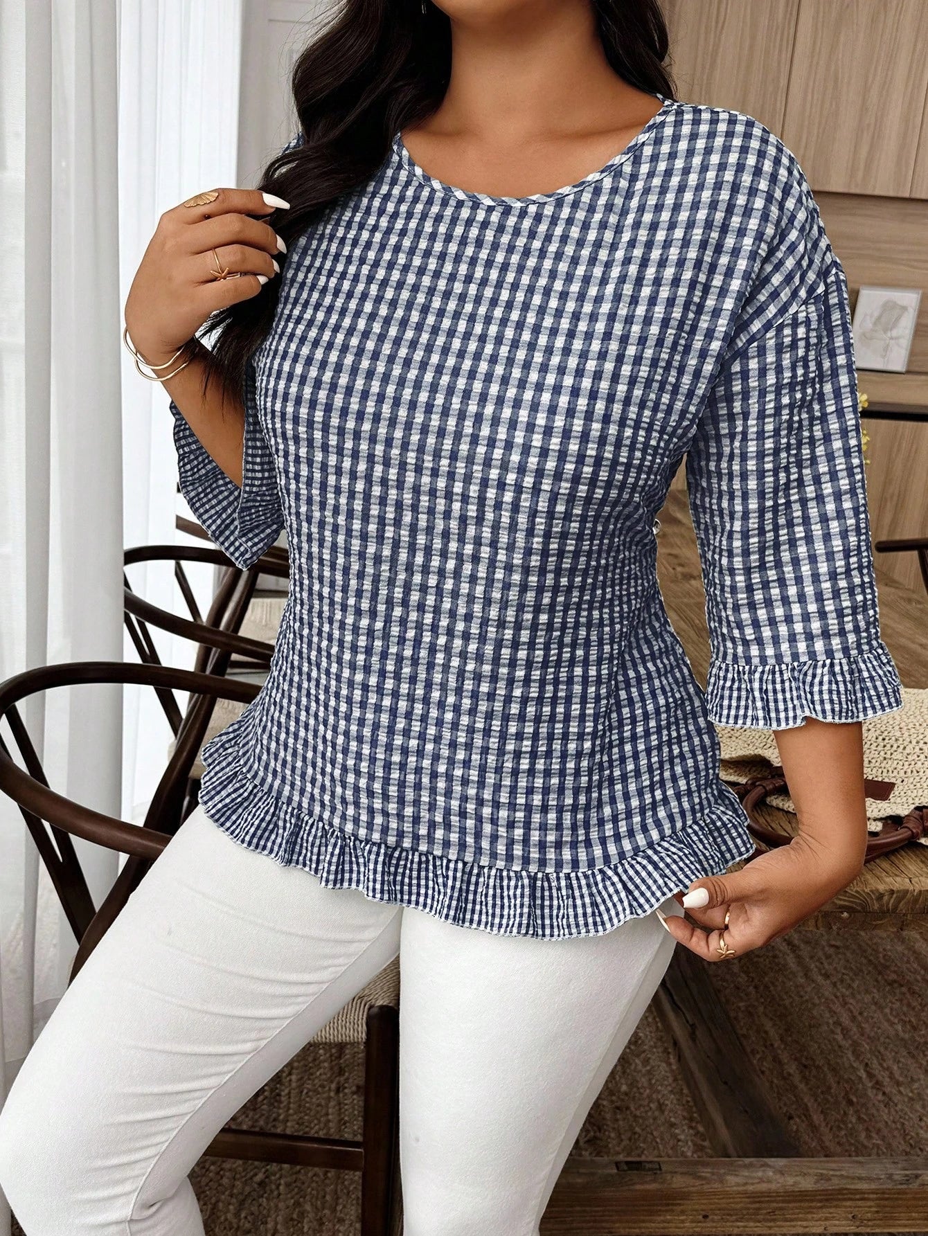Weeklong Plus Size Women's Plaid Round Neck 3/4 Sleeve Ruffle Hem Casual Shirt Fall