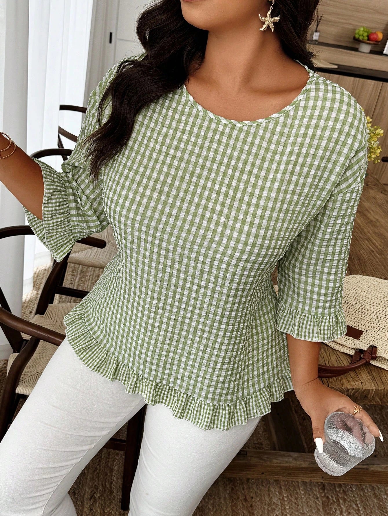 Weeklong Plus Size Women's Plaid Round Neck 3/4 Sleeve Ruffle Hem Casual Shirt Fall