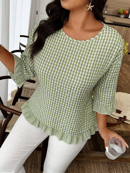 Weeklong Plus Size Women's Plaid Round Neck 3/4 Sleeve Ruffle Hem Casual Shirt Fall