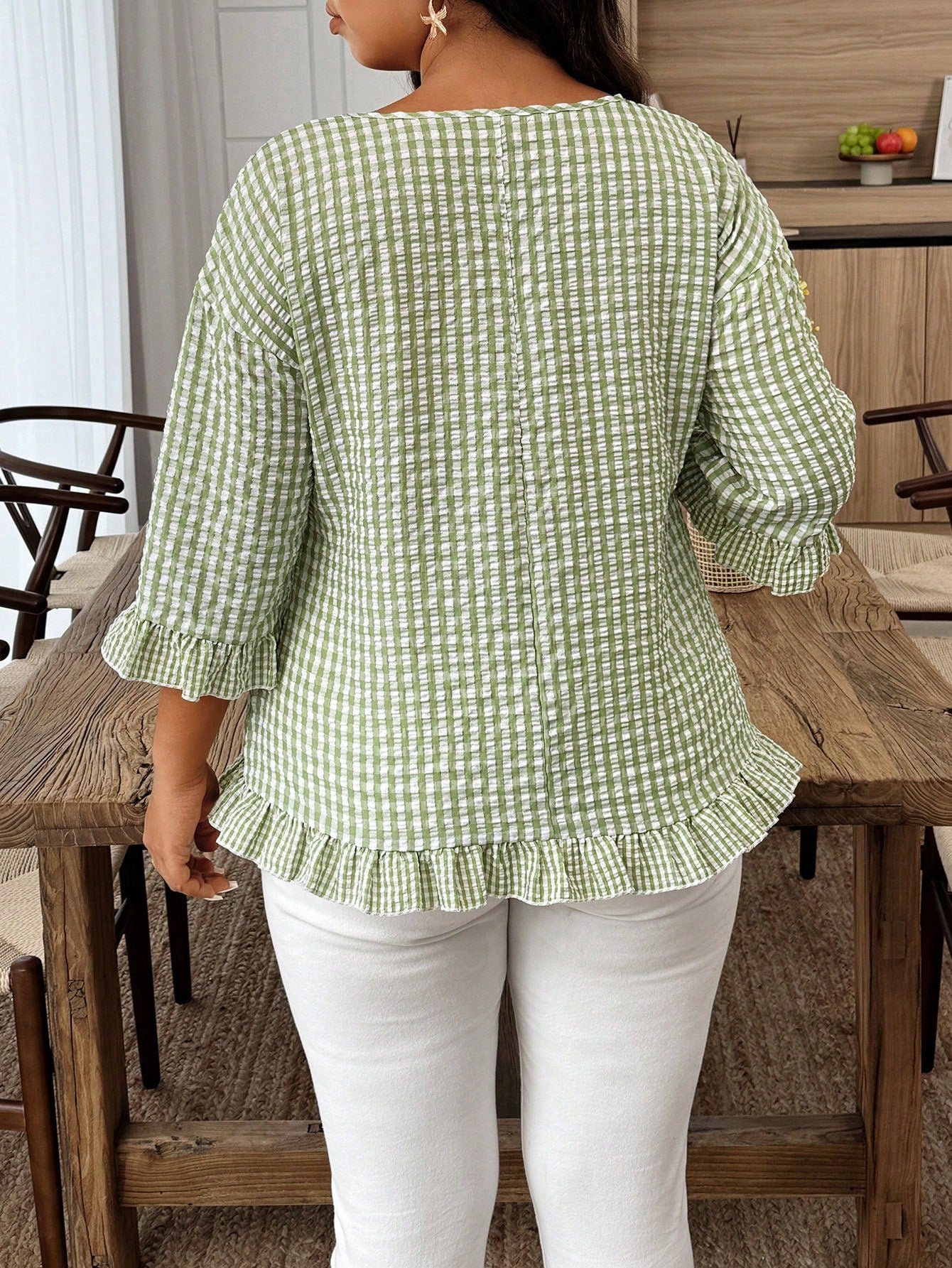 Weeklong Plus Size Women's Plaid Round Neck 3/4 Sleeve Ruffle Hem Casual Shirt Fall