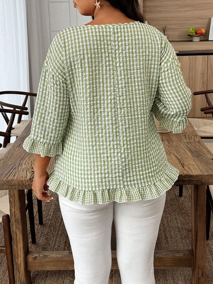 Weeklong Plus Size Women's Plaid Round Neck 3/4 Sleeve Ruffle Hem Casual Shirt Fall
