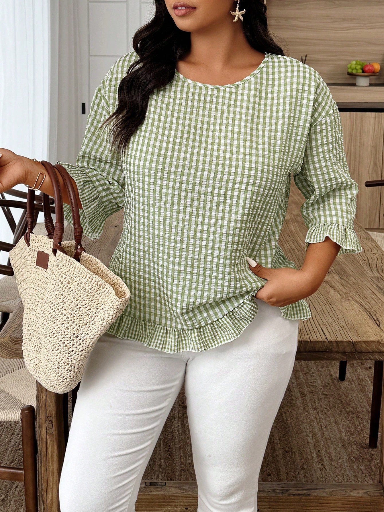 Weeklong Plus Size Women's Plaid Round Neck 3/4 Sleeve Ruffle Hem Casual Shirt Fall