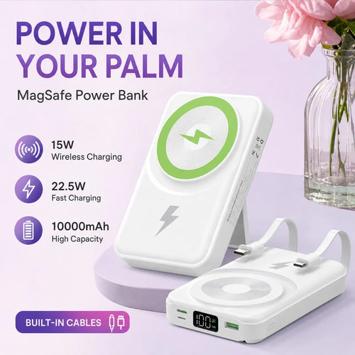 White 10000mAh Magnetic Wireless Power Bank With 15W Wireless And 22.5W Fast Charging, Featuring A Visible Power Percentage Screen, Green Ring Detail And Rear Fold-Out Stand, Made For IPhone 16 Throug