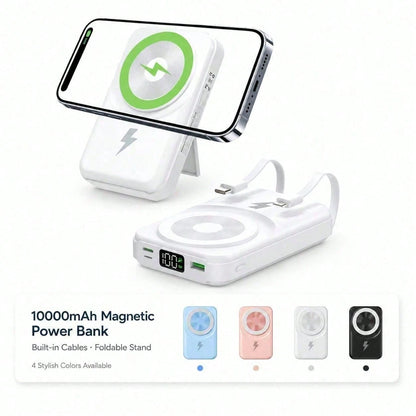 White 10000mAh Magnetic Wireless Power Bank With 15W Wireless And 22.5W Fast Charging, Featuring A Visible Power Percentage Screen, Green Ring Detail And Rear Fold-Out Stand, Made For IPhone 16 Throug