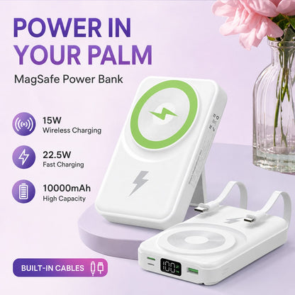 White 10000mAh Magnetic Wireless Power Bank With 15W Wireless And 22.5W Fast Charging, Featuring A Visible Power Percentage Screen, Green Ring Detail And Rear Fold-Out Stand, Made For IPhone 16 Throug