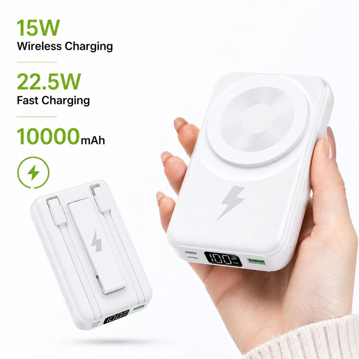 White And Green 10000mAh Magnetic Phone Charger With 15W Wireless And 22.5W Fast Charging, Featuring A Digital Remaining-Power Display, Compact Body And Fold-Out Support For Travel Use, Compatible Wit