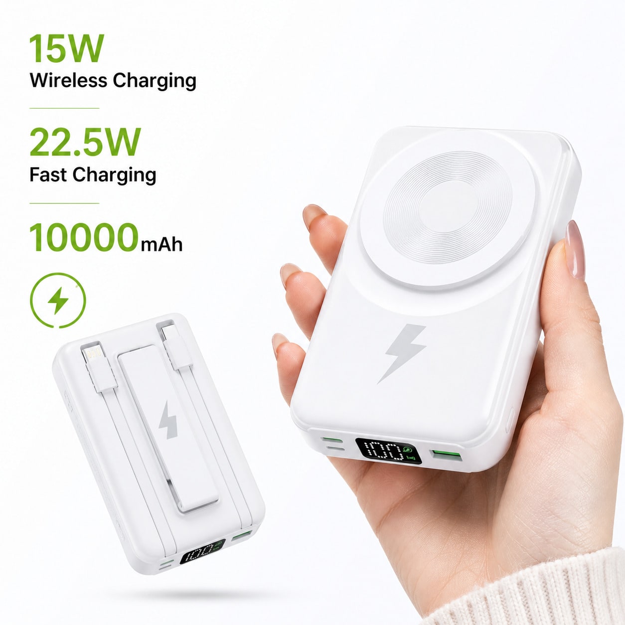 White And Green 10000mAh Magnetic Phone Charger With 15W Wireless And 22.5W Fast Charging, Featuring A Digital Remaining-Power Display, Compact Body And Fold-Out Support For Travel Use, Compatible Wit