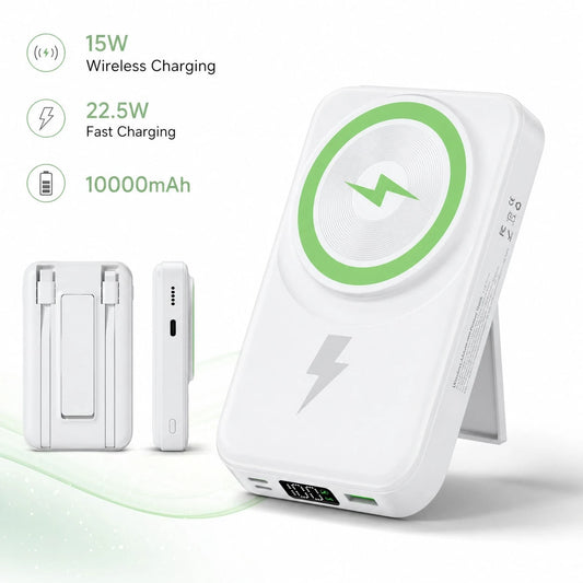 White And Green 10000mAh Magnetic Portable Charger With 15W Wireless And 22.5W Fast Charging, With Digital Battery Percentage Display, Fold-Out Kickstand And Green Circular Magnetic Pad, Designed For
