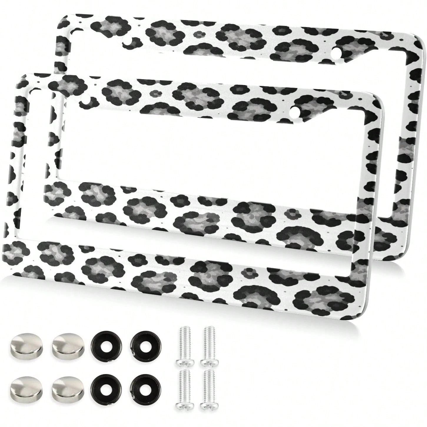 White Leopard Pattern License Plate Frame 2 Pack 2 Holes Car License Plate Holder Automotive Parts Decoration Universal With Screw Caps Cover