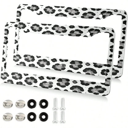 White Leopard Pattern License Plate Frame 2 Pack 2 Holes Car License Plate Holder Automotive Parts Decoration Universal With Screw Caps Cover