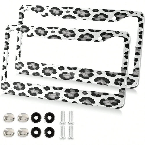 White Leopard Pattern License Plate Frame 2 Pack 2 Holes Car License Plate Holder Automotive Parts Decoration Universal With Screw Caps Cover