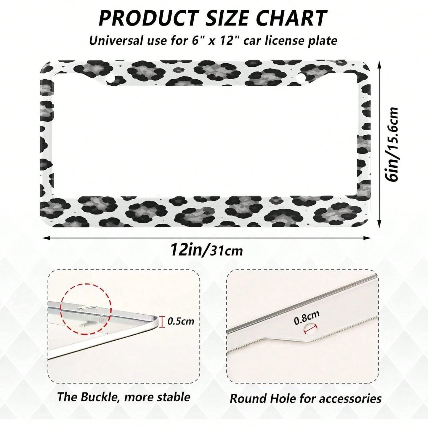 White Leopard Pattern License Plate Frame 2 Pack 2 Holes Car License Plate Holder Automotive Parts Decoration Universal With Screw Caps Cover