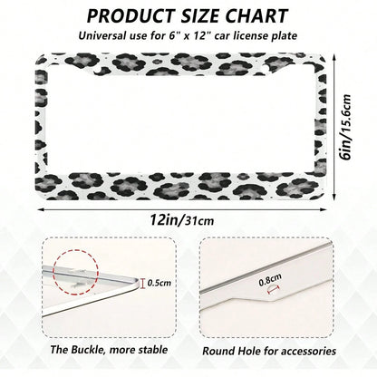 White Leopard Pattern License Plate Frame 2 Pack 2 Holes Car License Plate Holder Automotive Parts Decoration Universal With Screw Caps Cover