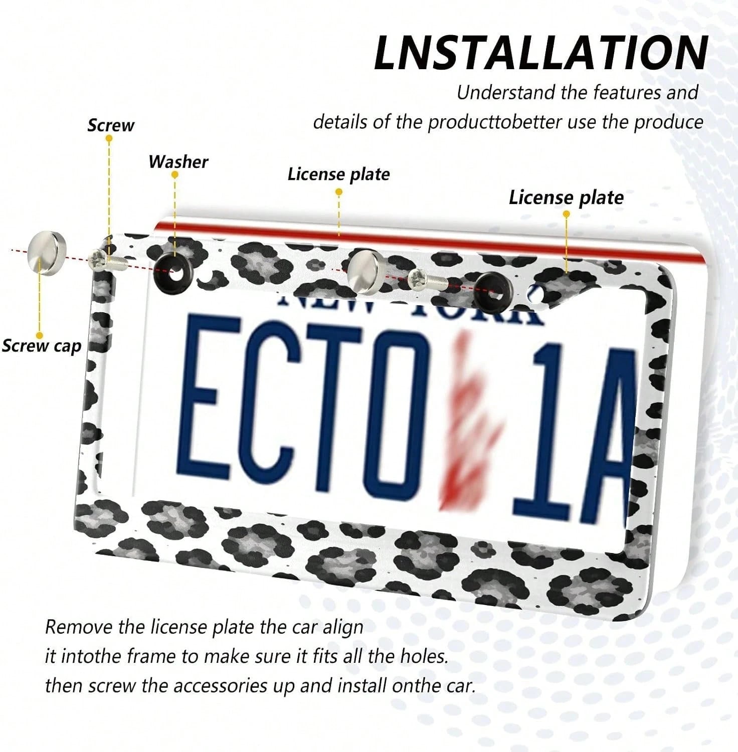 White Leopard Pattern License Plate Frame 2 Pack 2 Holes Car License Plate Holder Automotive Parts Decoration Universal With Screw Caps Cover