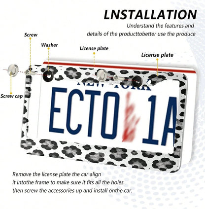 White Leopard Pattern License Plate Frame 2 Pack 2 Holes Car License Plate Holder Automotive Parts Decoration Universal With Screw Caps Cover