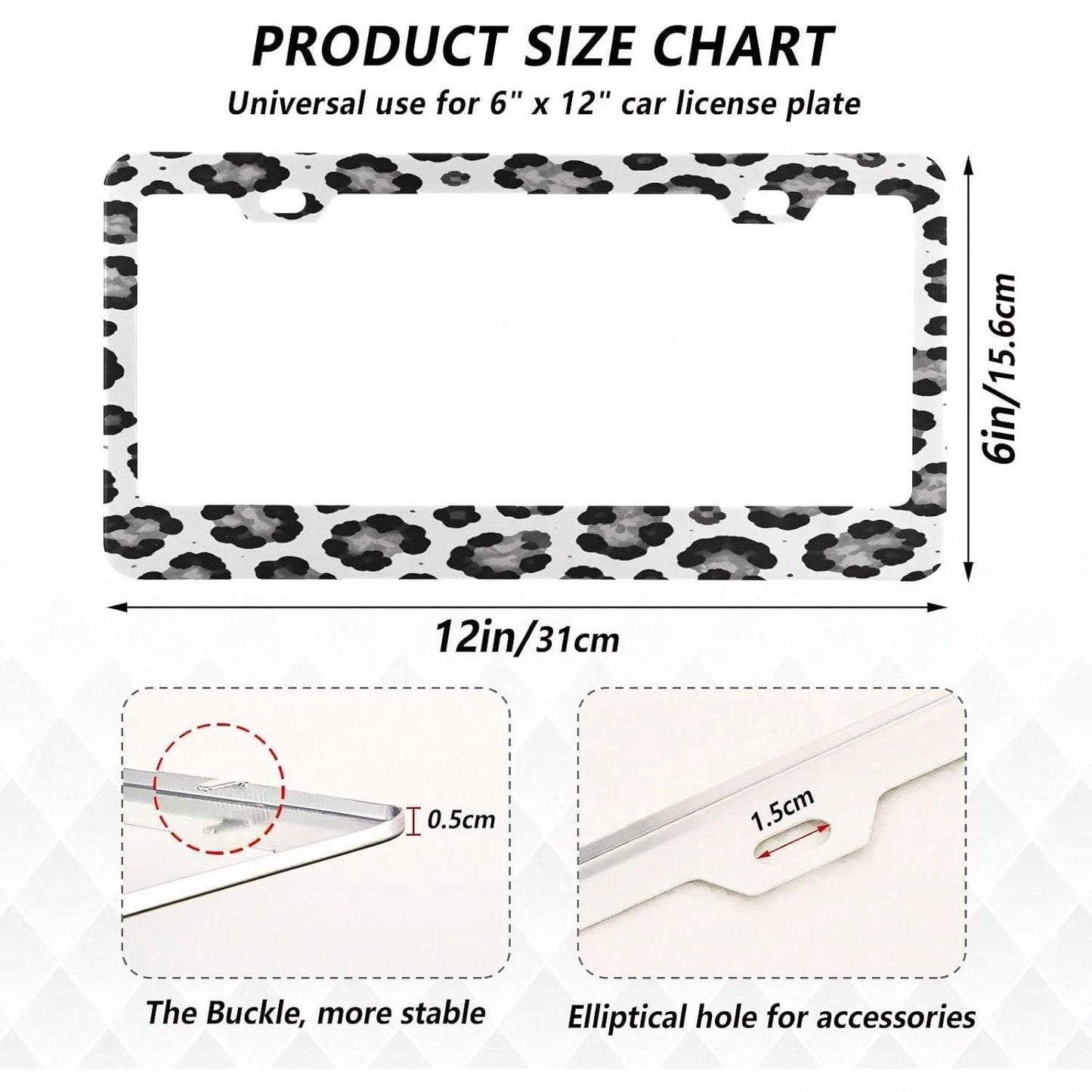 White Leopard Pattern License Plate Frame 2 Pack 2 Holes Car License Plate Holder Automotive Parts Decoration Universal With Screw Caps Cover