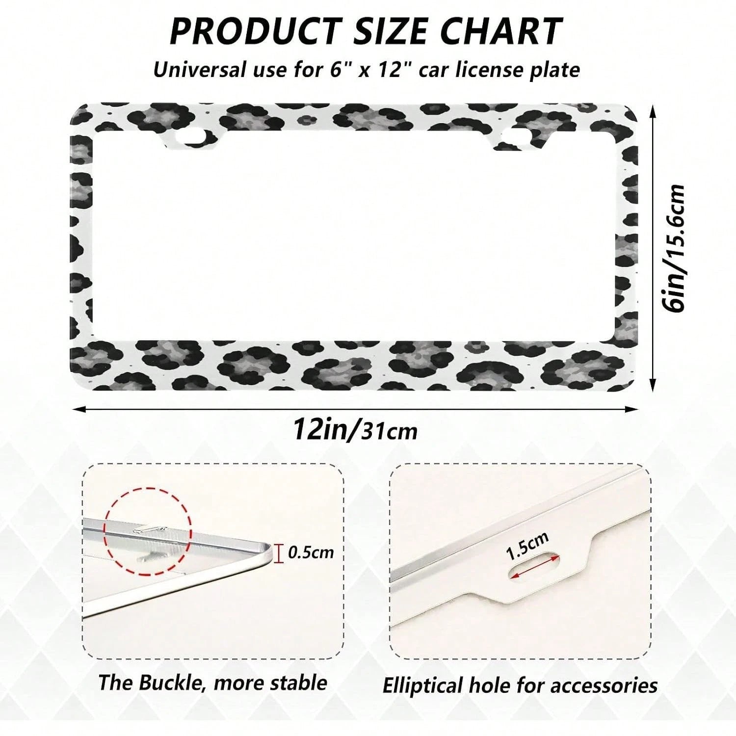 White Leopard Pattern License Plate Frame 2 Pack 2 Holes Car License Plate Holder Automotive Parts Decoration Universal With Screw Caps Cover