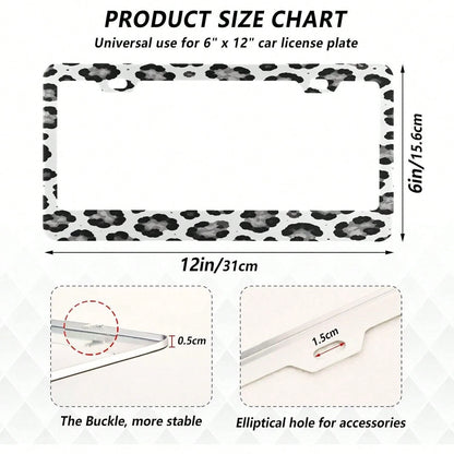White Leopard Pattern License Plate Frame 2 Pack 2 Holes Car License Plate Holder Automotive Parts Decoration Universal With Screw Caps Cover
