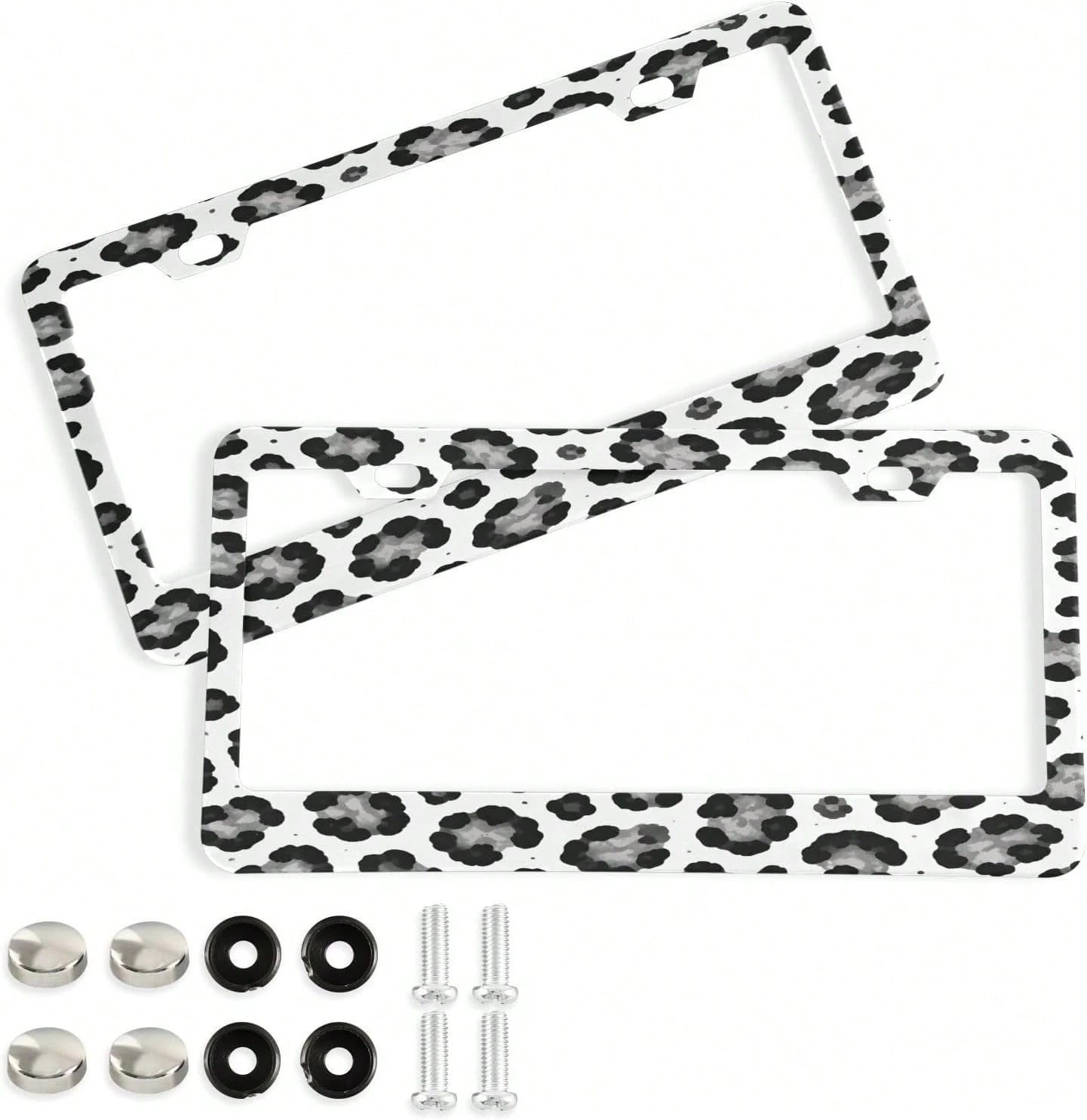 White Leopard Pattern License Plate Frame 2 Pack 2 Holes Car License Plate Holder Automotive Parts Decoration Universal With Screw Caps Cover