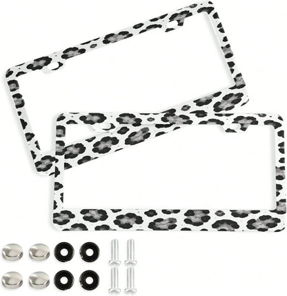 White Leopard Pattern License Plate Frame 2 Pack 2 Holes Car License Plate Holder Automotive Parts Decoration Universal With Screw Caps Cover