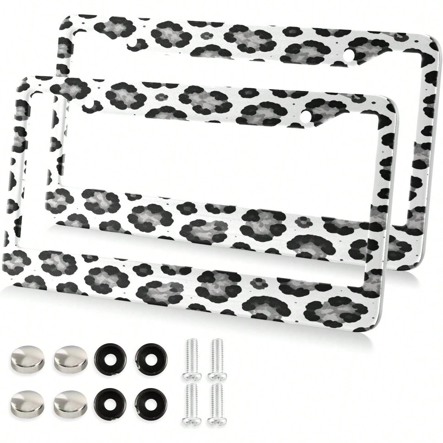 White Leopard Pattern License Plate Frame 2 Pack 2 Holes Car License Plate Holder Automotive Parts Decoration Universal With Screw Caps Cover