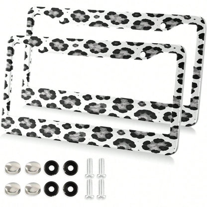 White Leopard Pattern License Plate Frame 2 Pack 2 Holes Car License Plate Holder Automotive Parts Decoration Universal With Screw Caps Cover