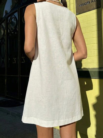 White Sleeveless V-Neck Linen A-Line Short Dress, Suitable For Vacation And Casual Daily Wear, Spring/Summer Beach, Quiet Luxury